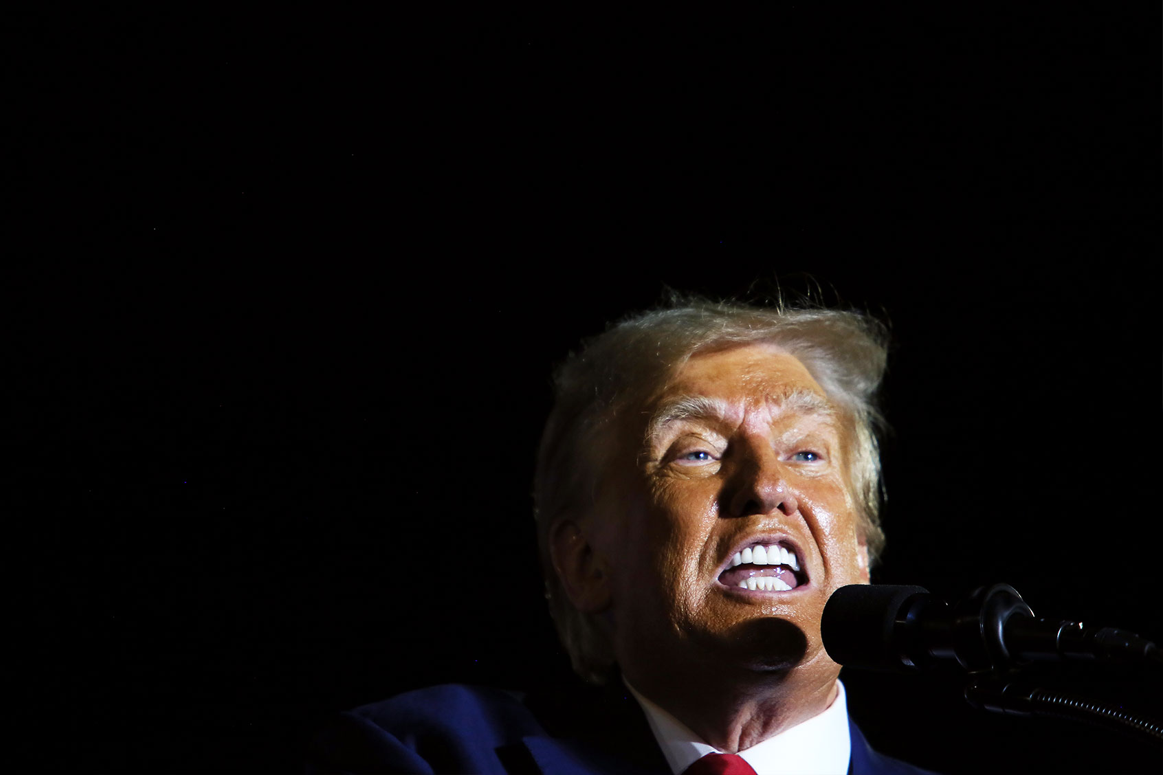 Former U.S. President Donald Trump delivers remarks during a rally at The Ted Hendricks Stadium at Henry Milander Park on November 8, 2023 in Hialeah, Florida. (Alon Skuy/Getty Images)
