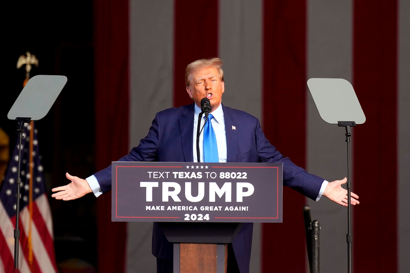 Donald Trump speaks on stage during his event at Trendsetter Engineering on Thursday, Nov. 2, 2023, in Houston. (Karen Warren/Houston Chronicle via Getty Images)