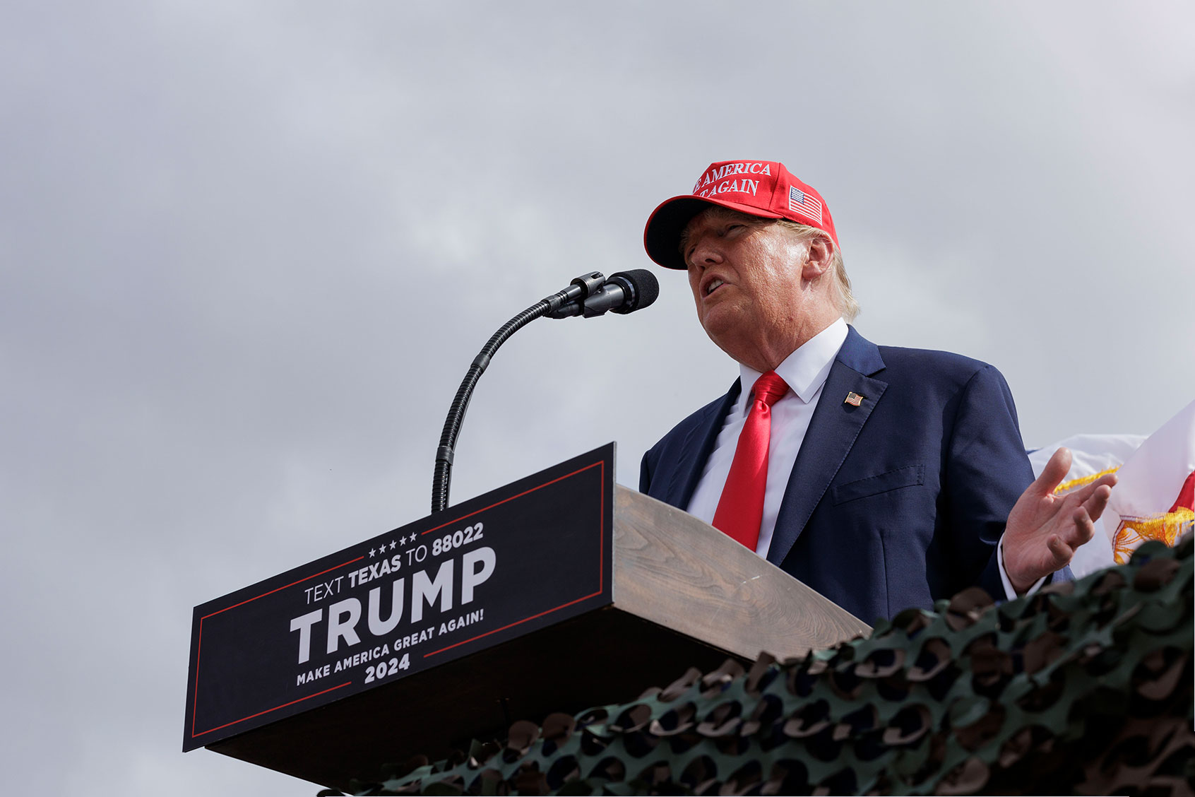 Former President Donald Trump gives remarks at the South Texas International airport on November 19, 2023 in Edinburg, Texas. (Michael Gonzalez/Getty Images)