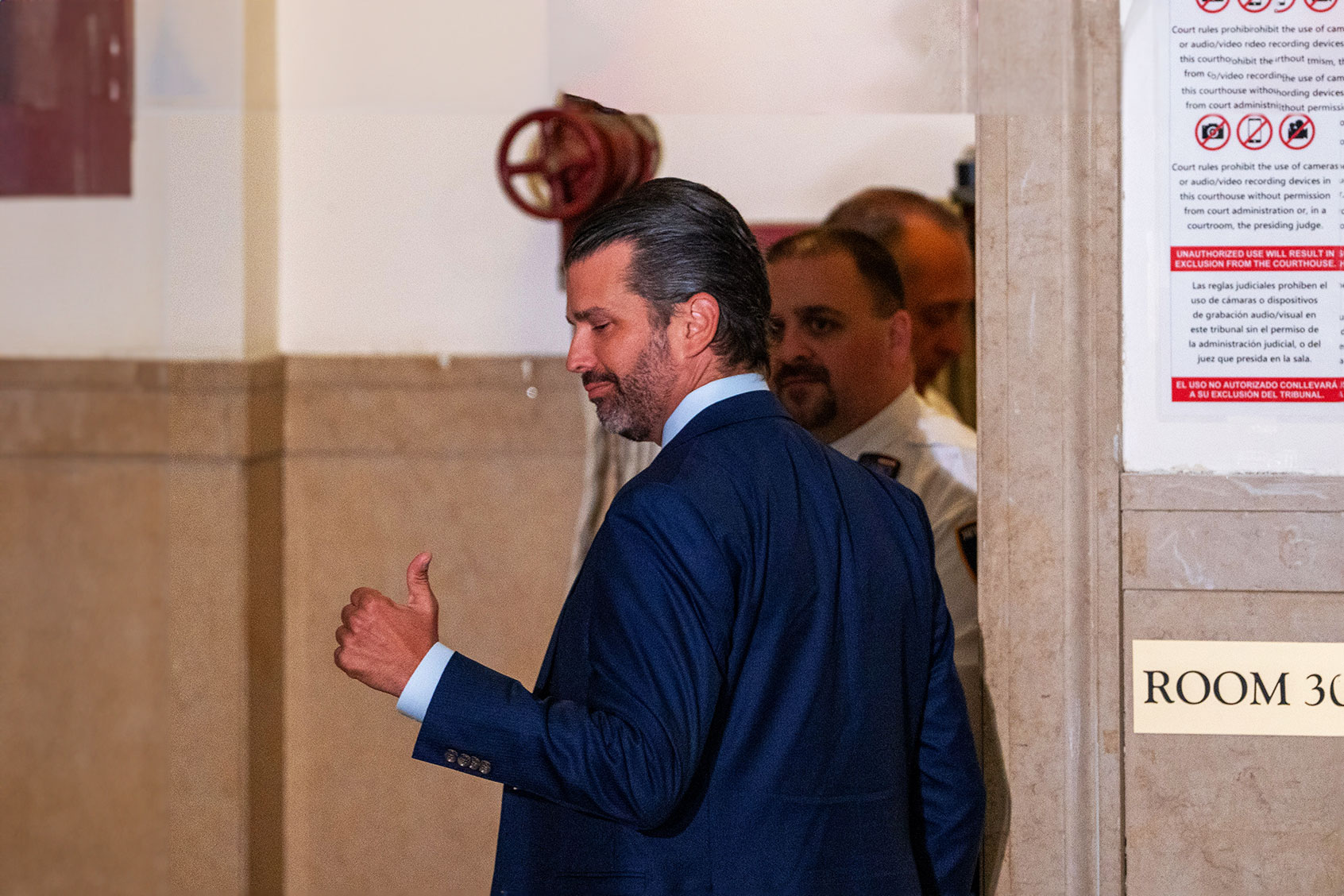 Donald Trump Jr. leaves for a break in former President Donald Trump's civil fraud trial on November 01, 2023 in New York City. (David Dee Delgado/Getty Images)