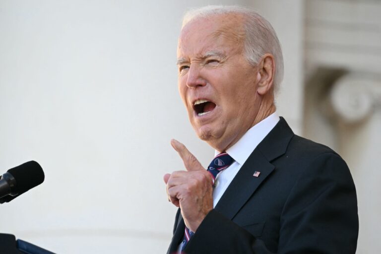 U.S. President Joe Biden speaks at the Memorial Amphitheater in Arlington National Cemetery during celebrations for Veterans Day, on November 11, 2023, in Arlington, Virginia. (MANDEL NGAN/AFP via Getty Images)