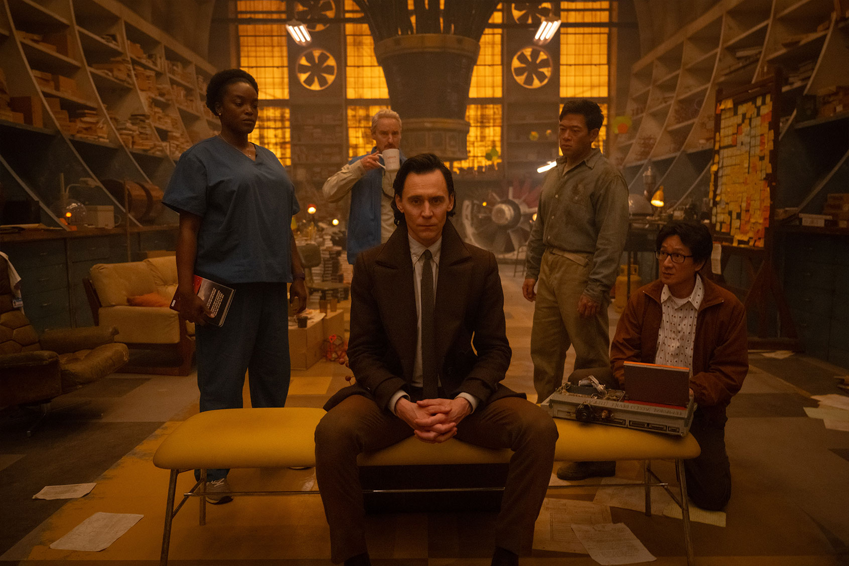 Wunmi Mosaku as Hunter B-15, Owen Wilson as Mobius, Tom Hiddleston as Loki, Eugene Cordero as Casey, and Ke Huy Quan as O.B. in "Loki" (Photo by Gareth Gatrell/Marvel Studios)