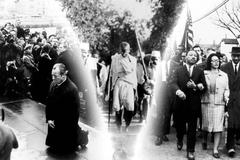 Federal Chancellor Willy Brandt kneels in front of the memorial in the former Jewish ghetto. | Mahatma Gandhi on his famous March to the Sea to make salt, in defiance of the British salt monopoly. | Martin Luther King and his wife Coretta Scott King lead a black voting rights march from Selma, Alabama, to the state capital in Montgomery. (Photo illustration by Salon/Getty Images)