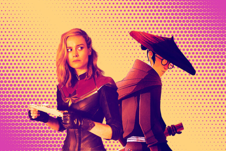 Brie Larson as Captain Marvel/Carol Danvers in "The Marvels" | Maya Erskine as Mizu in "Blue Eye Samurai" (Photo illustration by Salon/Getty images/Marvel Studios/Netflix)