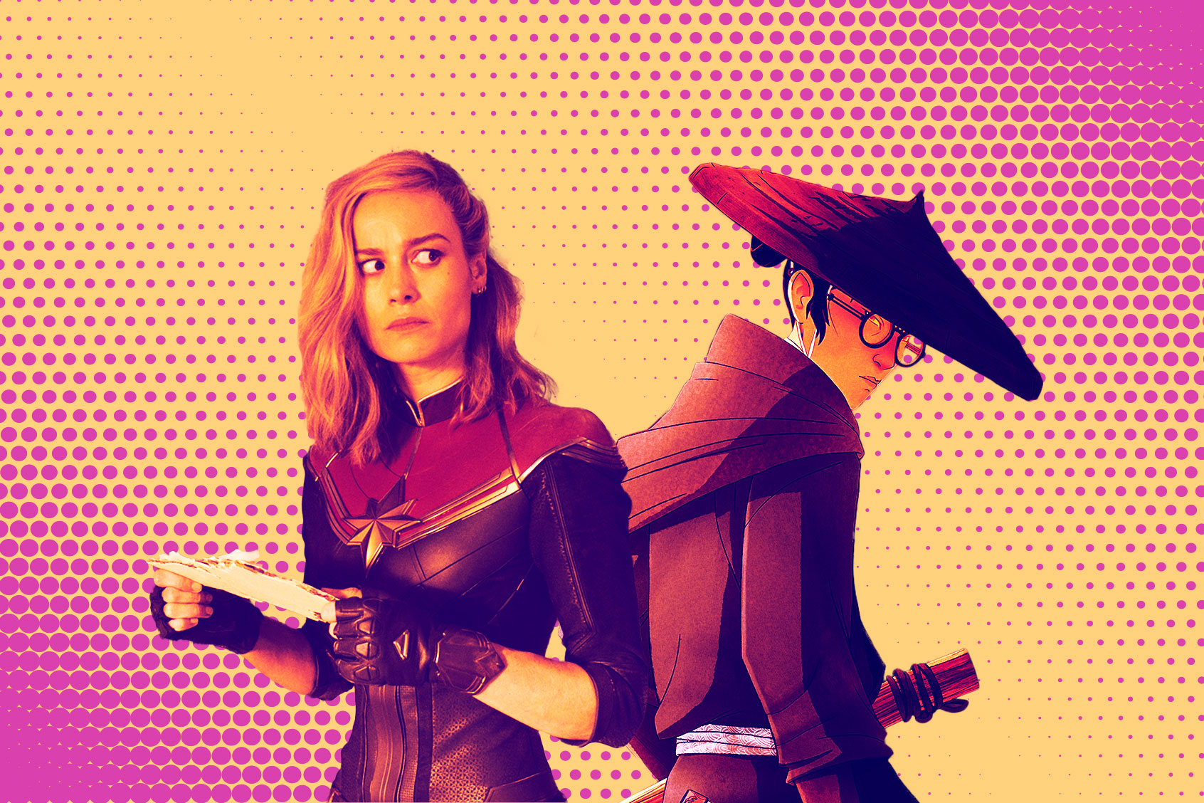 Brie Larson as Captain Marvel/Carol Danvers in "The Marvels" | Maya Erskine as Mizu in "Blue Eye Samurai" (Photo illustration by Salon/Getty images/Marvel Studios/Netflix)