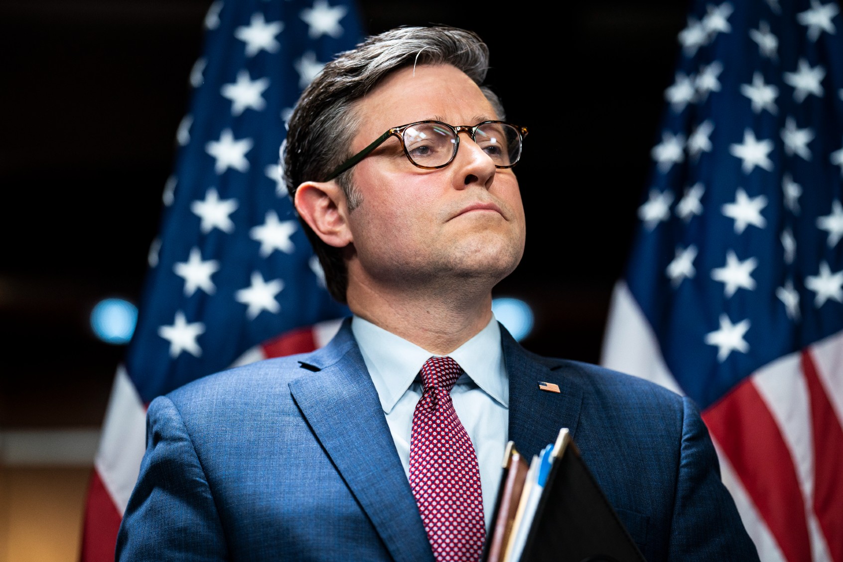 Speaker of the House Mike Johnson, R-La., listens during a press conference on Capitol Hill on Thursday, Nov. 02, 2023, in Washington, DC. (Jabin Botsford/The Washington Post via Getty Images)