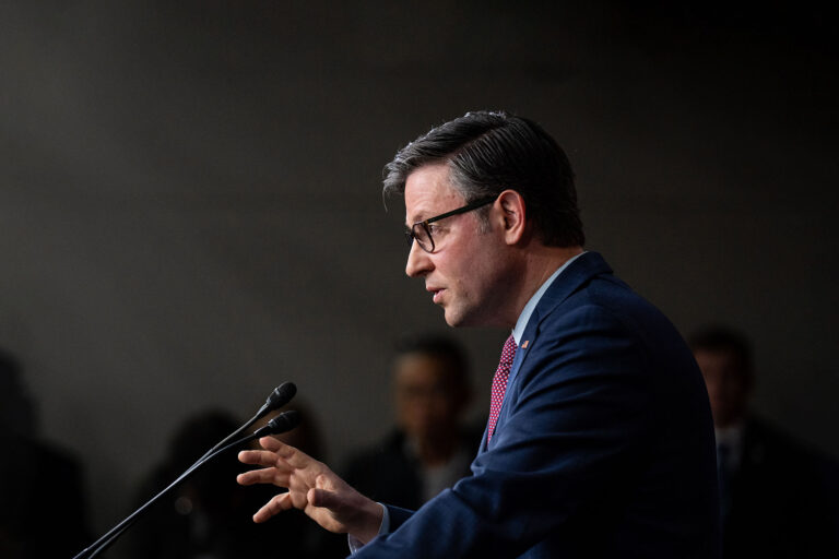 Speaker of the House Mike Johnson, R-La., takes questions during the House Republican Conference post meeting news conference i the Capitol on Thursday, November 2, 2023. (Bill Clark/CQ-Roll Call, Inc via Getty Images)