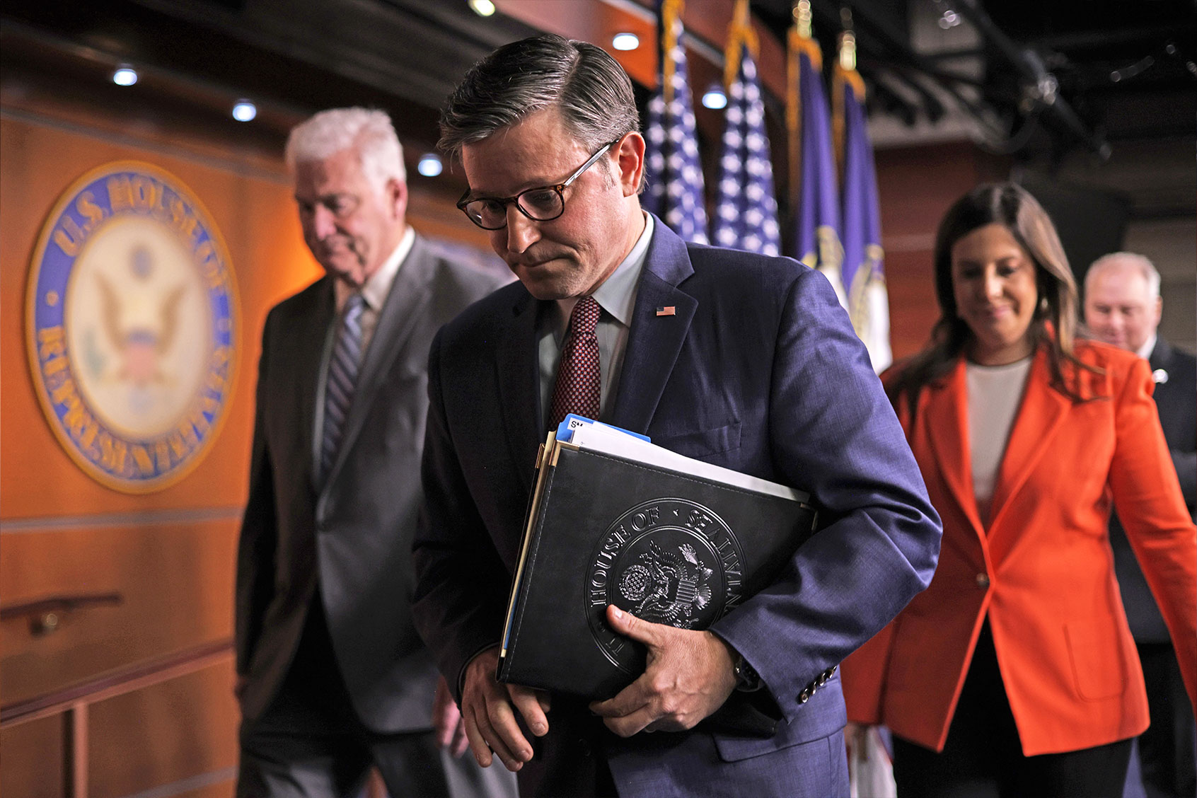 U.S. House Majority Whip Rep. Tom Emmer (R-MN), Speaker of the House Rep. Mike Johnson (R-LA), House Republican Conference Chair Rep. Elise Stefanik (R-NY) and House Majority Leader Rep. Steve Scalise (R-LA) leave after a news briefing at the U.S. Capitol on November 2, 2023 in Washington, DC. (Alex Wong/Getty Images)
