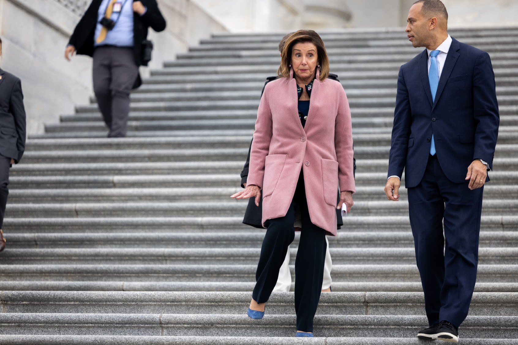 House Democratic Leader Hakeem Jeffries (D-NY) and Former House Speaker Nancy Pelosi (D-CA) arrive at an event recognizing the second anniversary of the January 6th riot in Washington, DC on January 6th, 2022. (Nathan Posner/Anadolu Agency via Getty Images)
