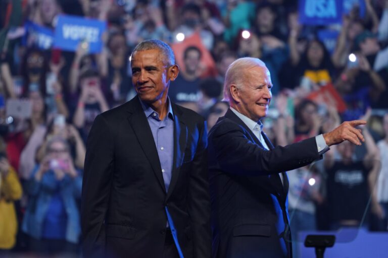 Former President Barack Obama and President Joe Biden at a campaign rally for Pennsylvania's Democratic gubernatorial candidate Josh Shapiro and Democratic Senate candidate Lt. Gov. John Fetterman, Saturday, Nov. 5, 2022, in Philadelphia. (Lokman Vural Elibol/Anadolu Agency via Getty Images)