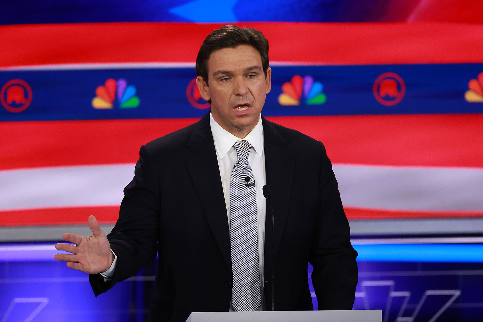 Republican presidential candidate Florida Gov. Ron DeSantis speaks during the NBC News Republican Presidential Primary Debate at the Adrienne Arsht Center for the Performing Arts of Miami-Dade County on November 8, 2023 in Miami, Florida. (Joe Raedle/Getty Images)