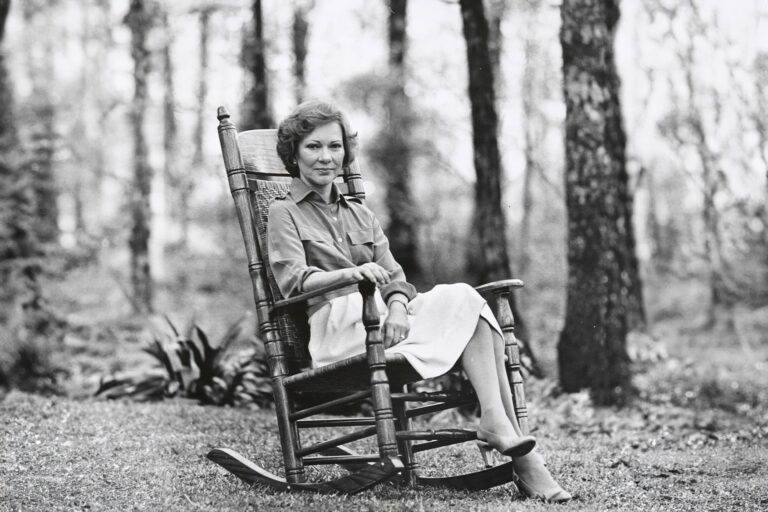 Former First Lady Rosalynn Carter posing for a portrait in her back yard to promote her new autobiographical book, "First Lady From Plains", on April 3, 1984 at the Carter home in Plains, GA. (John McDonnell/The Washington Post via Getty Images)