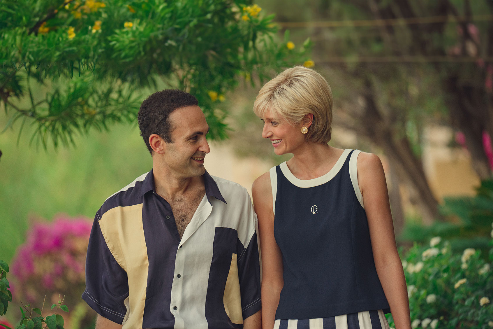Khalid Abdalla as Dodi Fayed and Elizabeth Debicki and Diana in "The Crown" (Daniel Escale/Netflix)