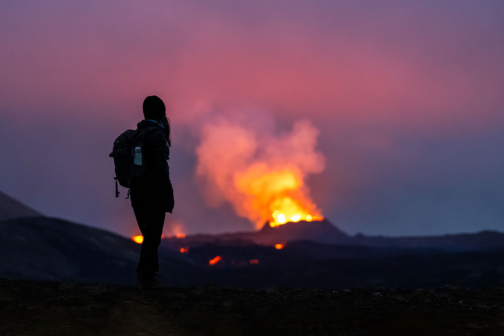 Lava erupts from the crater of a volcano near the mountain Litli-Hrútur, about 40 kilometers southwest of Reykjavik, Iceland. (Philipp Schulze/picture alliance via Getty Images)