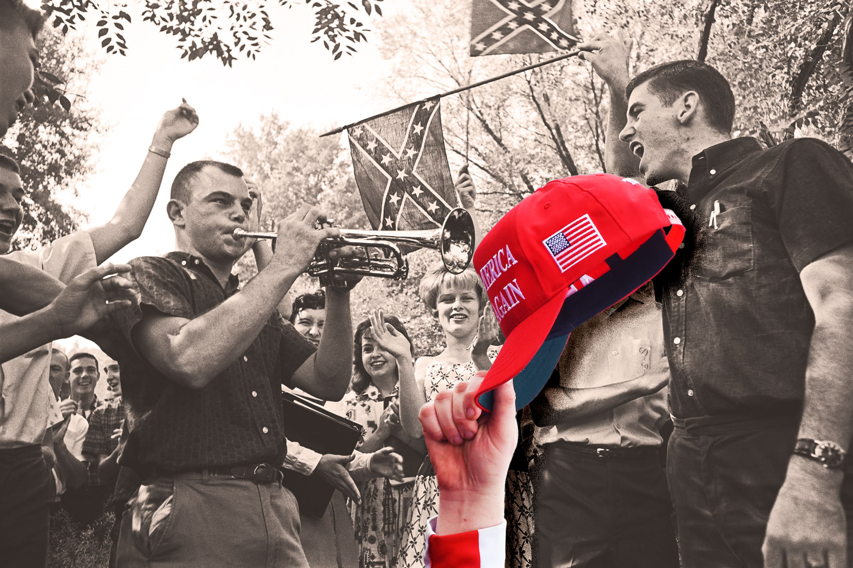 Demonstrators outside of West End High School in Birmingham, Alabama sing Dixie as a student plays the tune on a trumpet during an anti-desegregation protest, September 10, 1963. | A supporter of President Donald J. Trump hold up their Make America Great Again hat (Photo illustration by Salon/Getty Images)