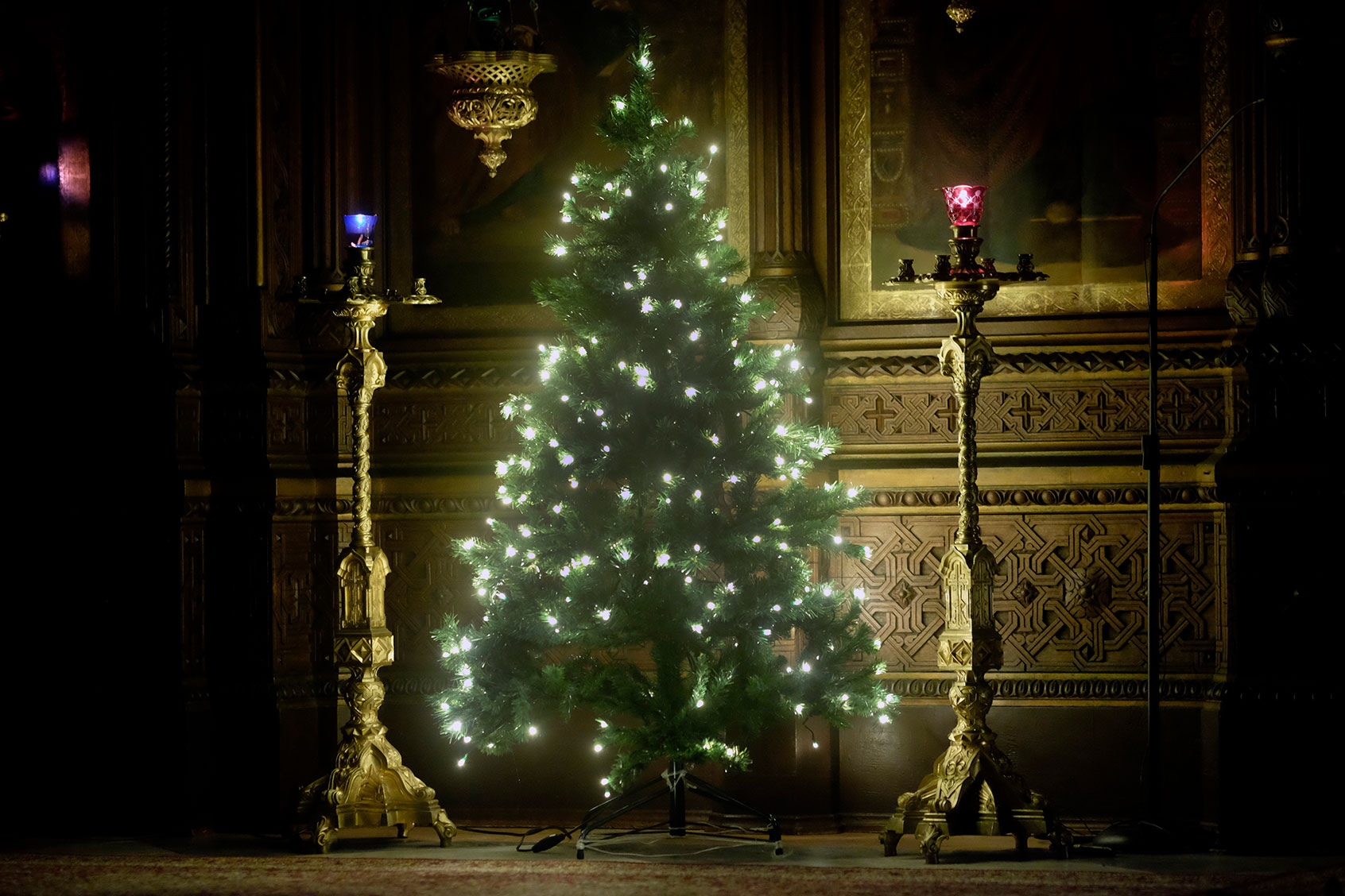 A decorated Christmas tree inside of the Holy Trinity Cathedral of the Russian Ecclesiastical Mission at Migrash HaRusim (Russian Compound) in West Jerusalem Israel (Getty Images/Eddie Gerald)