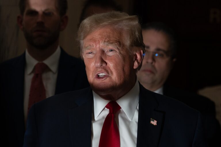Former U.S. President Donald Trump returns from a court recess and speaks to the media during his trial in New York State Supreme Court on December 7, 2023 in New York City. ( David Dee Delgado/Getty Images)