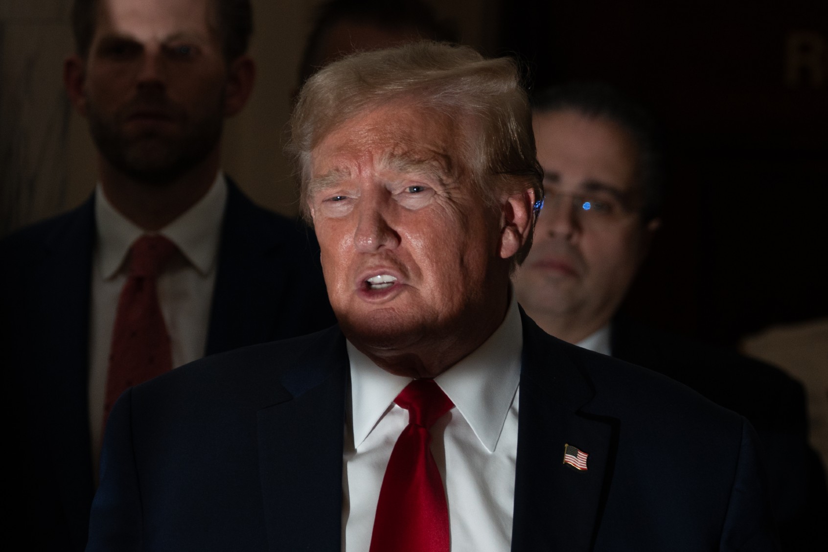Former U.S. President Donald Trump returns from a court recess and speaks to the media during his trial in New York State Supreme Court on December 7, 2023 in New York City. ( David Dee Delgado/Getty Images)
