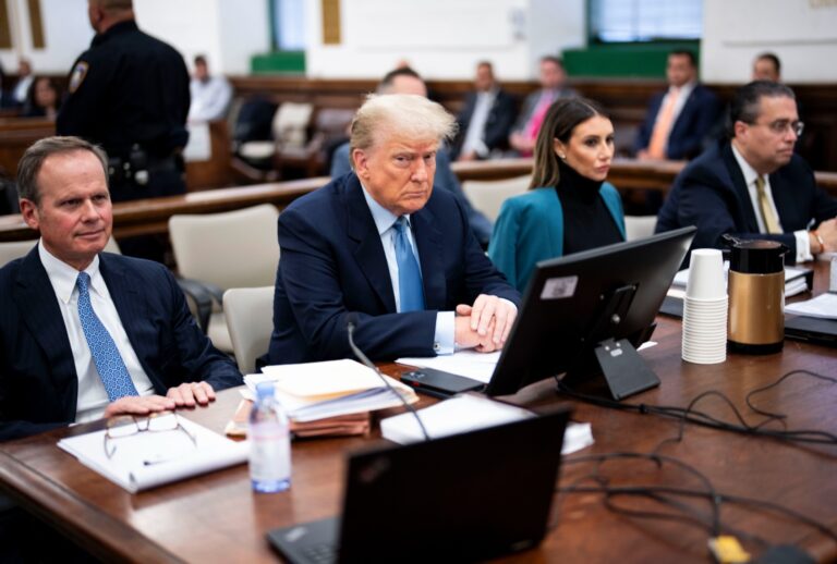 Former President Donald Trump sits in the courtroom with attorneys Christopher Kise (L) and Alina Habba during his civil fraud trial at New York State Supreme Court on October 18, 2023 in New York City. (Doug Mills-Pool/Getty Images)