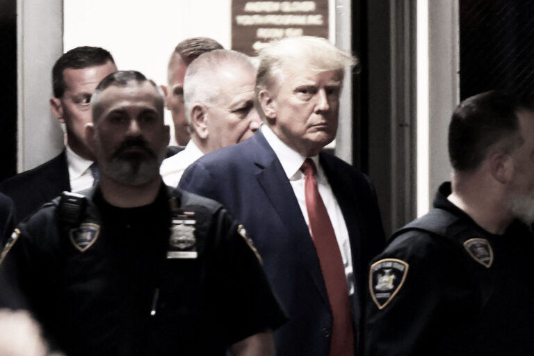 Former U.S. President Donald Trump arrives for his arraignment at Manhattan Criminal Court on April 04, 2023 in New York City. (Michael M. Santiago/Getty Images)