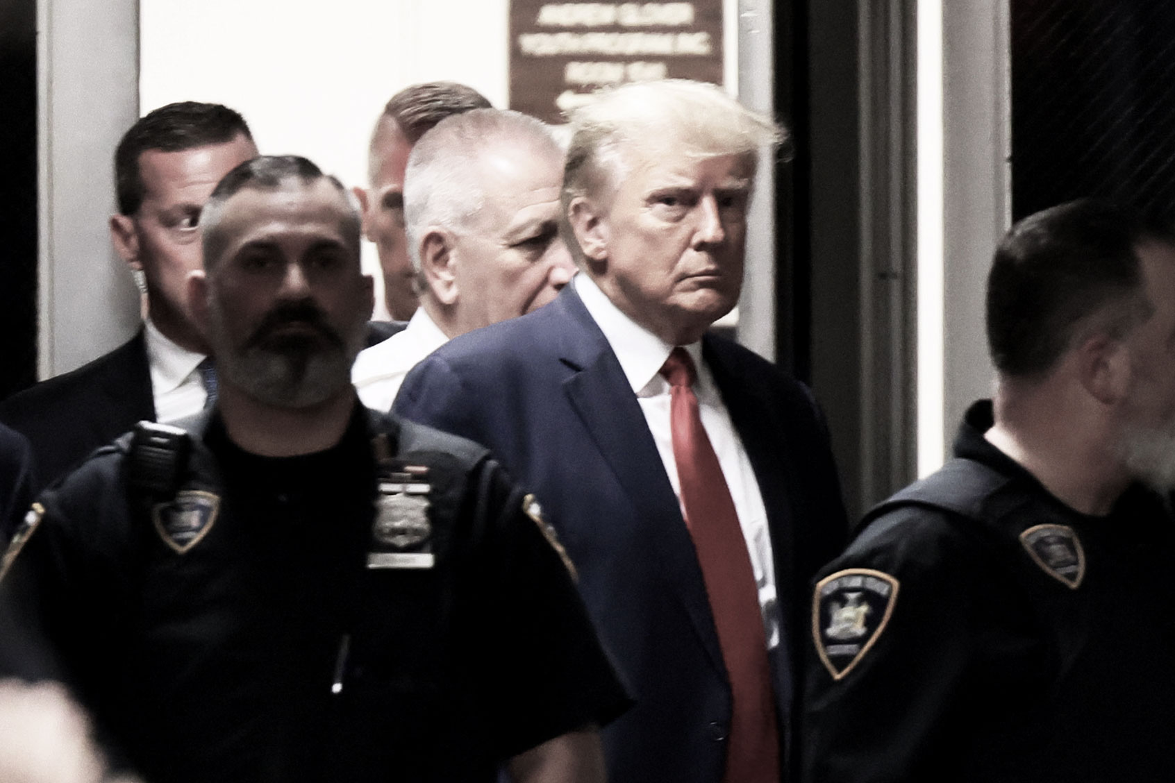 Former U.S. President Donald Trump arrives for his arraignment at Manhattan Criminal Court on April 04, 2023 in New York City. (Michael M. Santiago/Getty Images)