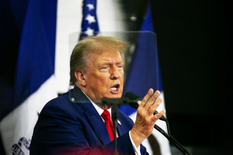 Former President Donald Trump speaks to a crowd of supporters at the Fort Dodge Senior High School on November 18, 2023 in Fort Dodge, Iowa. (Jim Vondruska/Getty Images)