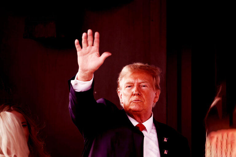 Republican presidential candidate former President Donald Trump leaves a commit to caucus campaign event at the Whiskey River bar on December 02, 2023 in Ankeny, Iowa. (Scott Olson/Getty Images)