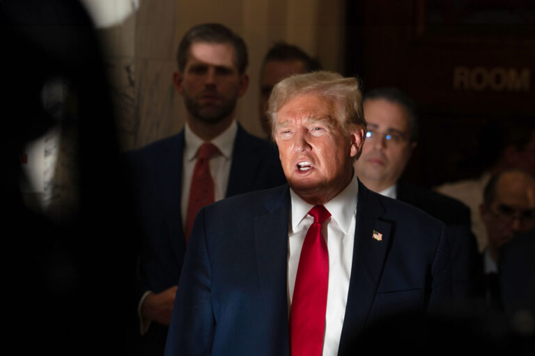 Former U.S. President Donald Trump returns from a court recess and speaks to the media during his trial in New York State Supreme Court on December 7, 2023 in New York City. (David Dee Delgado/Getty Images)