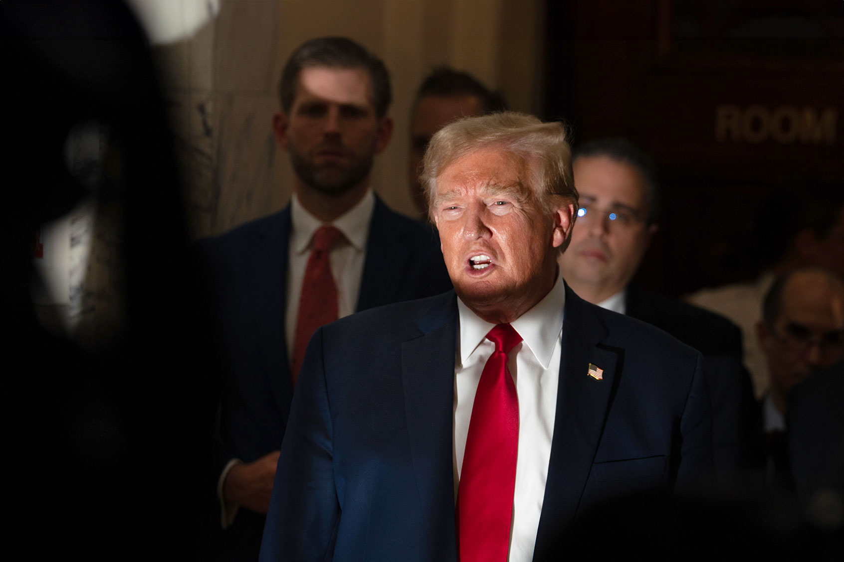 Former U.S. President Donald Trump returns from a court recess and speaks to the media during his trial in New York State Supreme Court on December 7, 2023 in New York City. (David Dee Delgado/Getty Images)