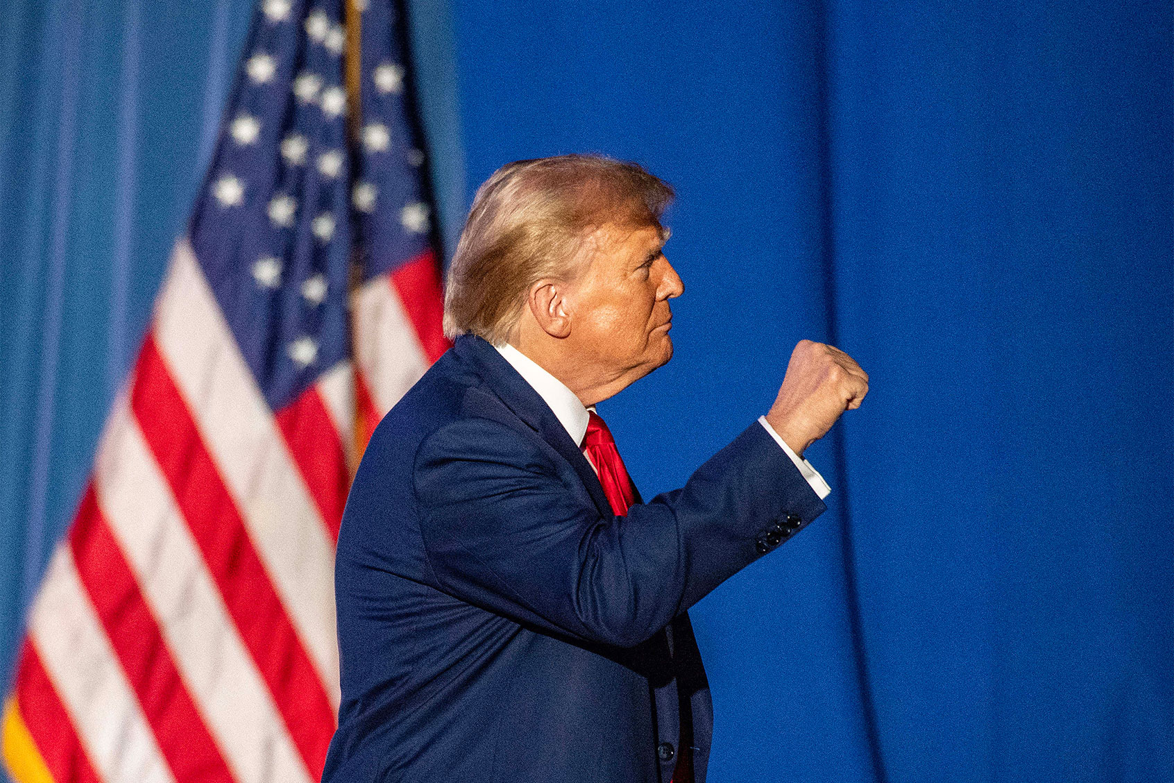 Former US President and 2024 Republican presidential hopeful Donald Trump leaves after speaking during a campaign rally at the University of New Hampshire's Whittemore Center Arena in Durham, New Hampshire, on December 16, 2023. (JOSEPH PREZIOSO/AFP via Getty Images)