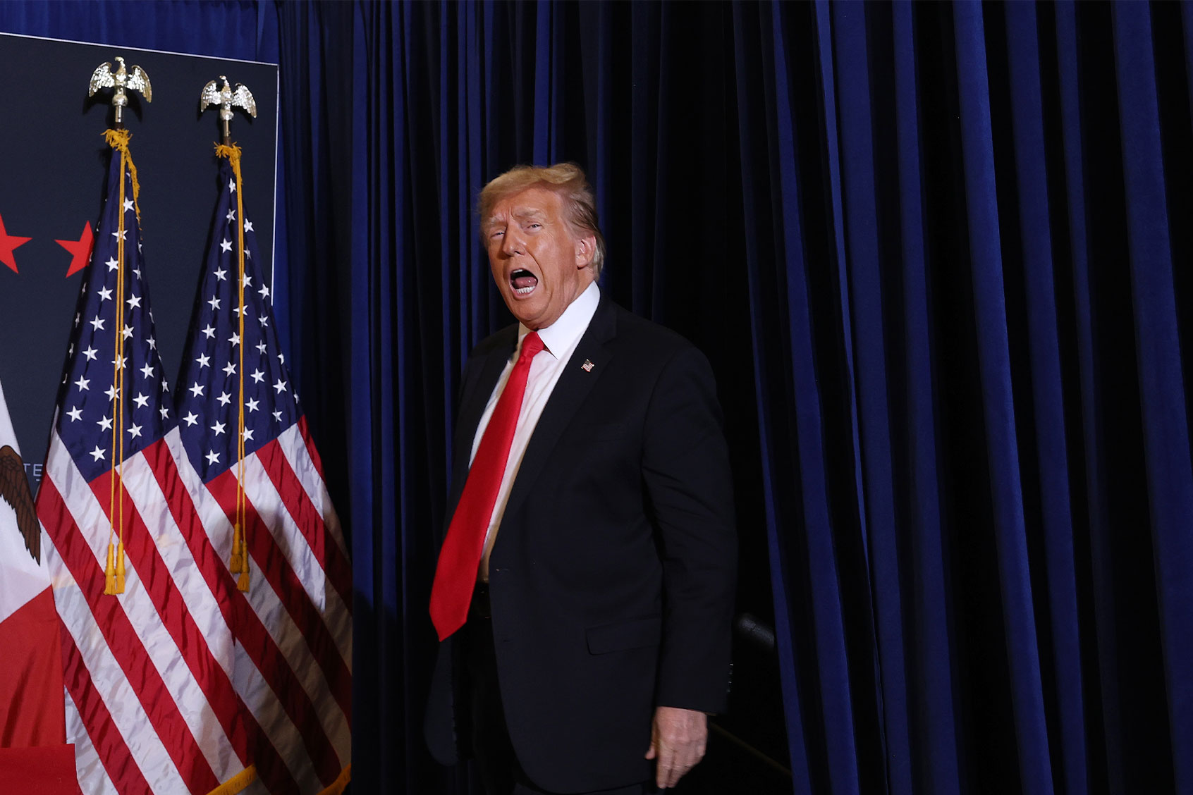 Republican presidential candidate, former President Donald Trump arrives at a campaign event at the Hyatt Hotel on December 13, 2023 in Coralville, Iowa. (Scott Olson/Getty Images)