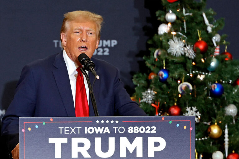 Former US President and 2024 presidential hopeful Donald Trump speaks during a campaign event in Waterloo, Iowa, on December 19, 2023. (KAMIL KRZACZYNSKI/AFP via Getty Images)