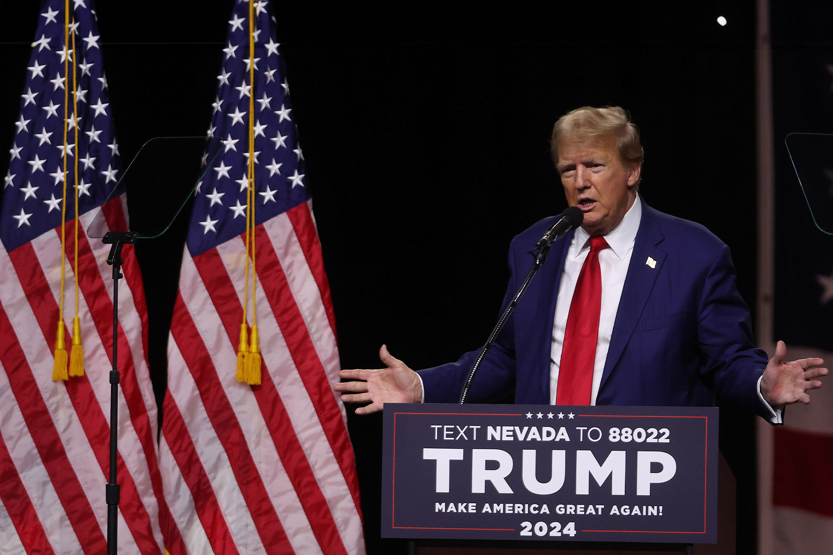 Republican Presidential candidate former U.S. President Donald Trump delivers remarks during a campaign rally at the Reno-Sparks Convention Center on December 17, 2023 in Reno, Nevada. (Justin Sullivan/Getty Images)