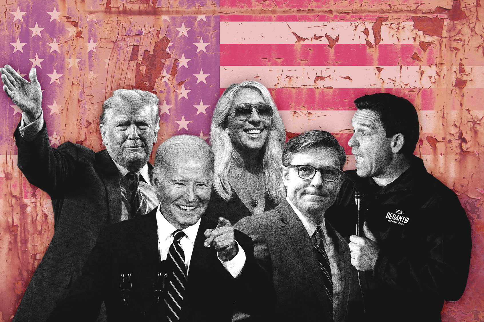 Donald Trump, Joe Biden, Marjorie Taylor Greene, Mike Johnson and Ron DeSantis (Photo illustration by Salon/Getty Images)
