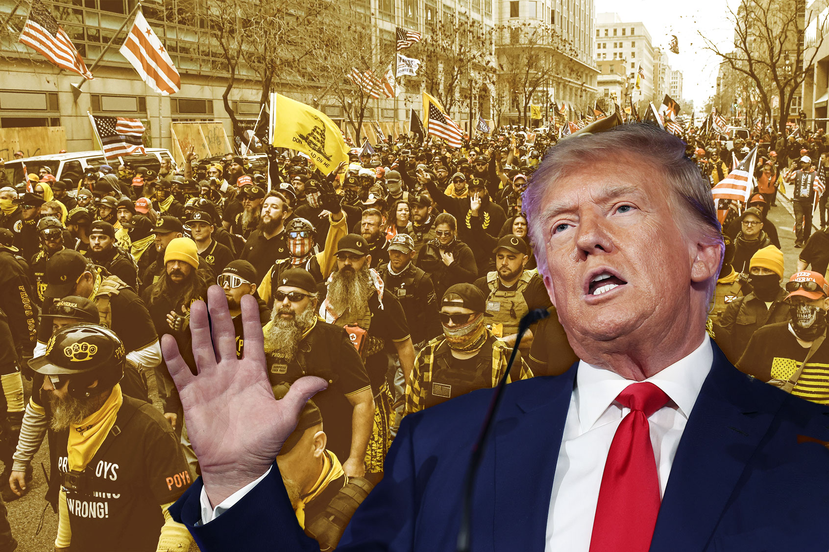 Donald Trump | Members of the Proud Boys march towards Freedom Plaza during a protest in Washington, DC. (Photo illustration by Salon/Getty Images)