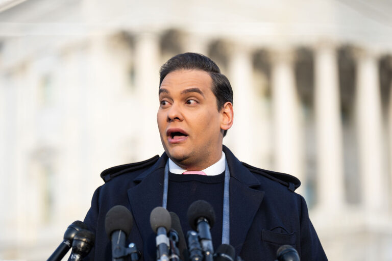 Rep. George Santos, R-N.Y., holds a news conference outside the U.S. Capitol on Thursday, November 30, 2023, to discuss the upcoming vote to expel him from Congress. (Bill Clark/CQ-Roll Call, Inc via Getty Images)