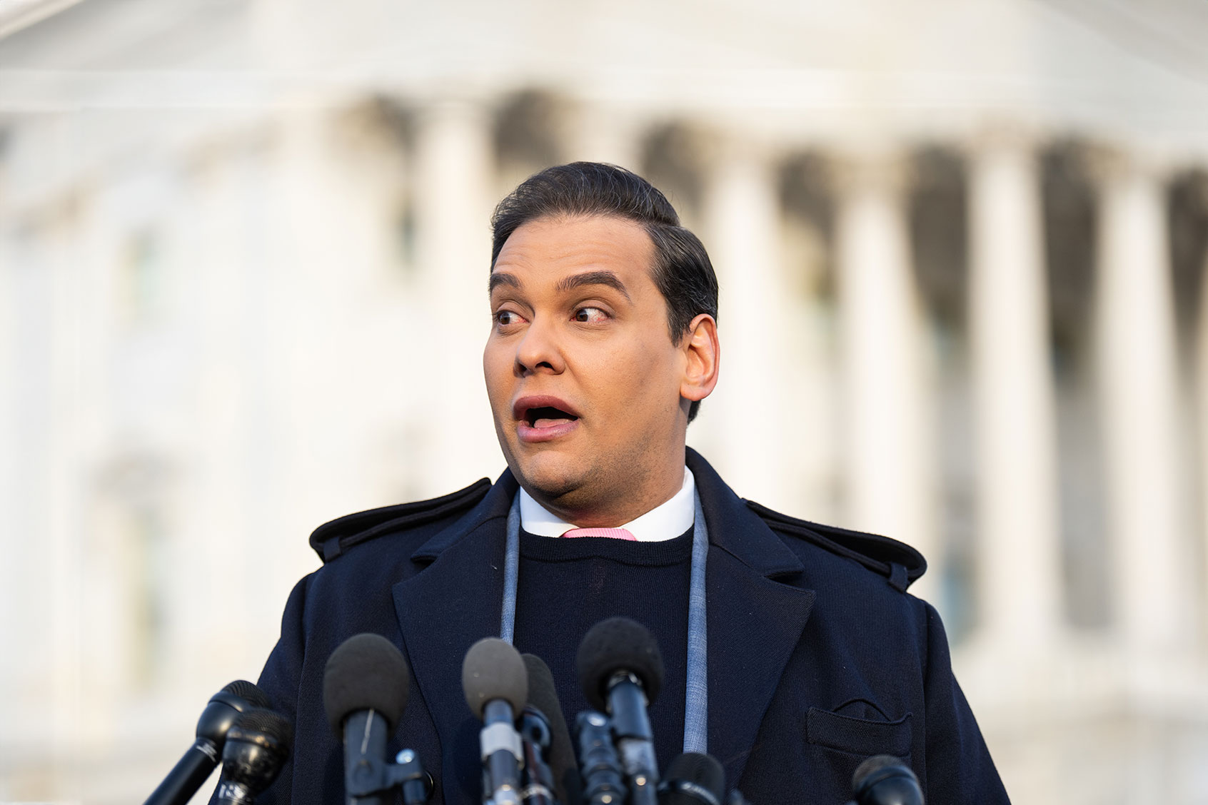 Rep. George Santos, R-N.Y., holds a news conference outside the U.S. Capitol on Thursday, November 30, 2023, to discuss the upcoming vote to expel him from Congress. (Bill Clark/CQ-Roll Call, Inc via Getty Images)