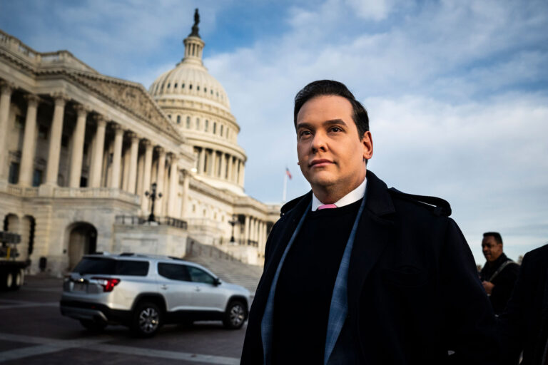 Rep. George Santos (R-N.Y.) arrives to speak about the House Ethics Committee report and potential expulsion from Congress this week during a press conference outside on Capitol Hill on Thursday, Nov. 30, 2023, in Washington, DC. (Jabin Botsford/The Washington Post via Getty Images)