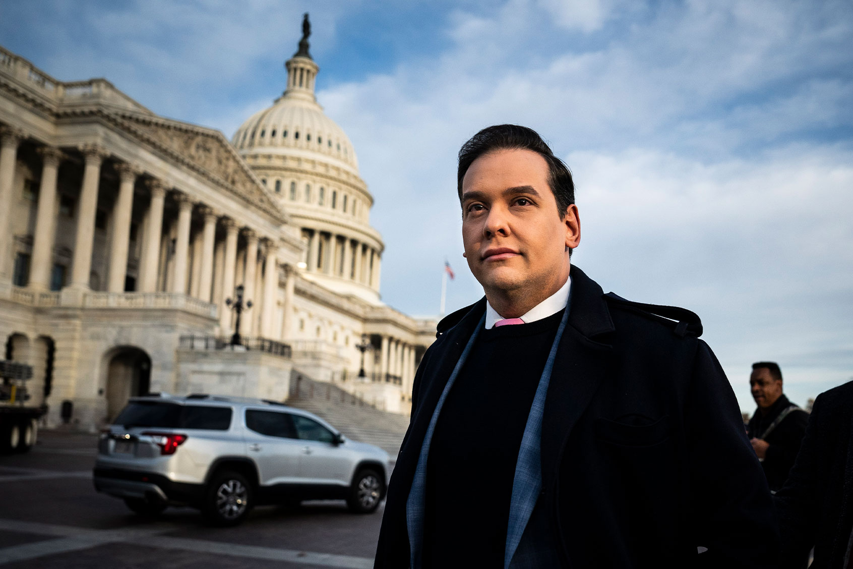 Rep. George Santos (R-N.Y.) arrives to speak about the House Ethics Committee report and potential expulsion from Congress this week during a press conference outside on Capitol Hill on Thursday, Nov. 30, 2023, in Washington, DC. (Jabin Botsford/The Washington Post via Getty Images)