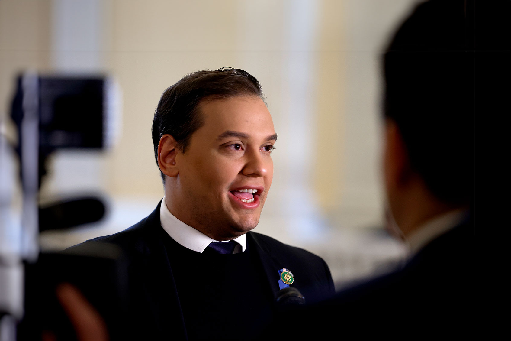 Rep. George Santos (R-NY) is interviewed by FOX News in the rotunda of the Cannon House Office Building before a vote to expel him from the House of Representatives on December 01, 2023 in Washington, DC. (Anna Moneymaker/Getty Images)