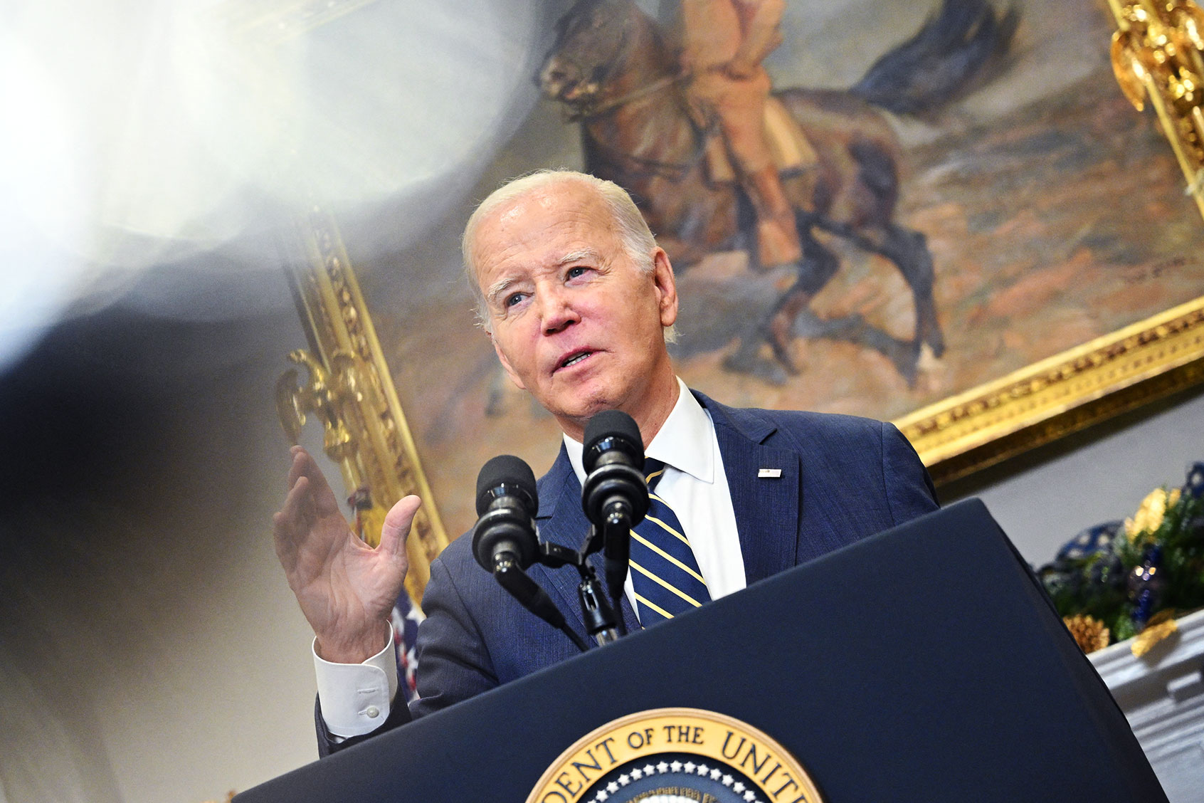 US President Joe Biden delivers remarks in the Roosevelt Room of the White House in Washington, DC, on December 6, 2023. (MANDEL NGAN/AFP via Getty Images)