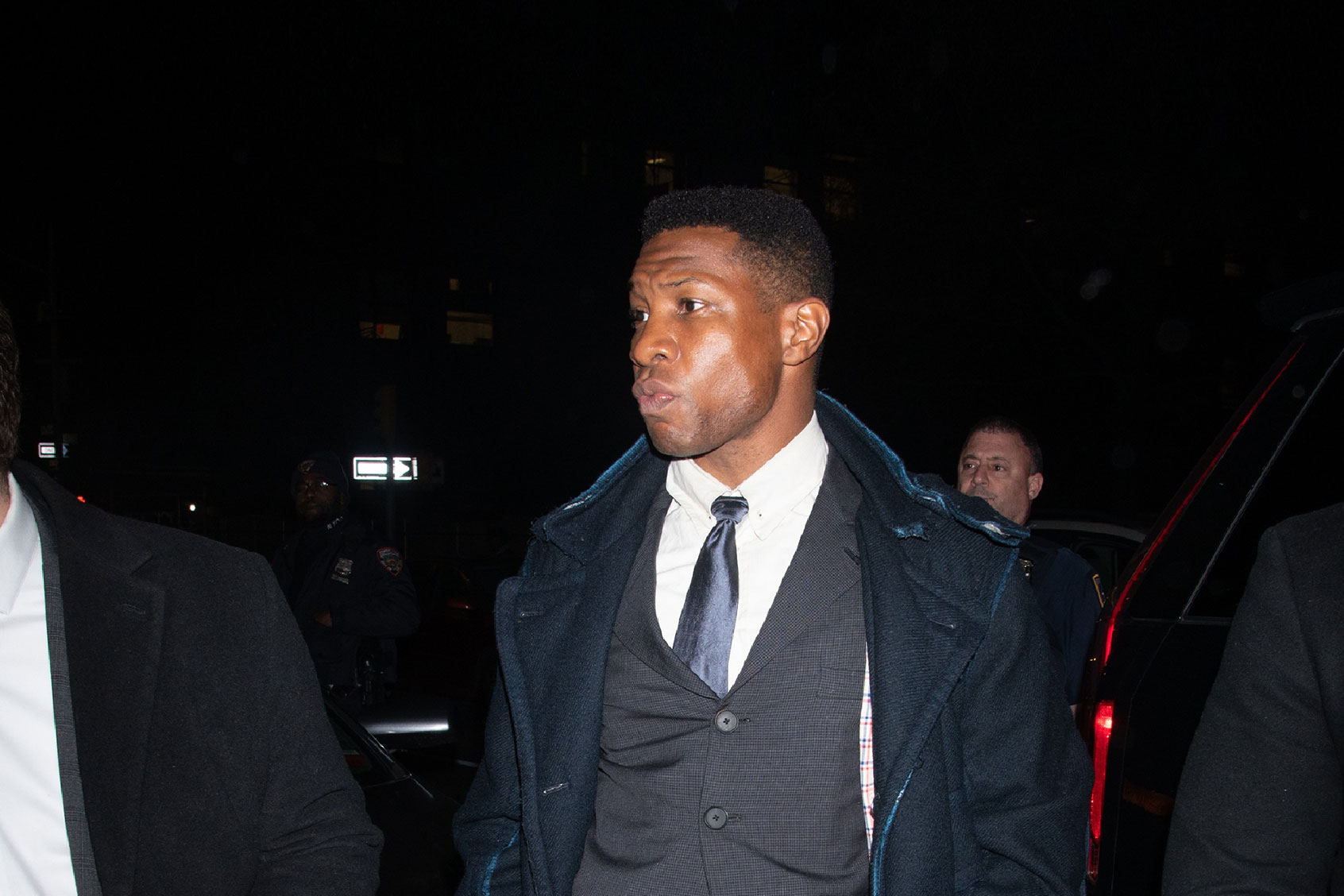 Jonathan Majors is seen leaving court on December 8, 2023 in New York, New York. (MEGA/GC Images/Getty Images)
