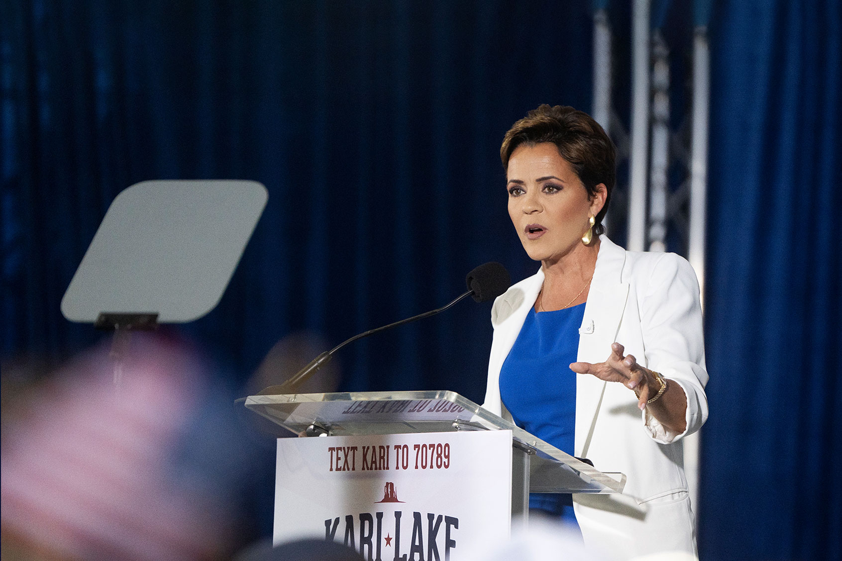 Former Arizona Republican gubernatorial candidate Kari Lake announces her bid for the seat of U.S. Sen. Kyrsten Sinema (I-AZ) at JetSet Magazine on October 10, 2023 in Scottsdale, Arizona. Former President Donald Trump gave his endorsement of Lake through a pre-recorded video during the rally. (Photo by (Rebecca Noble/Getty Images)