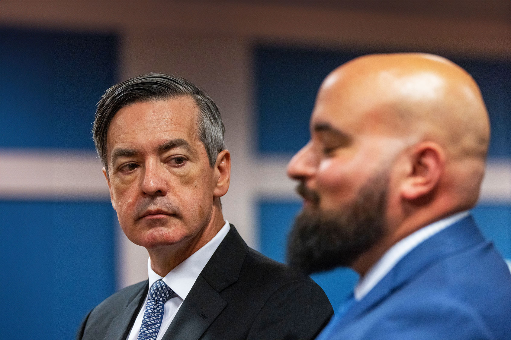 Kenneth Chesebro watches as his attorney Scott Grubman speaks to Fulton County Superior Judge Scott McAfee during a hearing where Chesebro accepted a plea deal form the Fulton County District Attorney at the Fulton County Courthouse October 20, 2023 in Atlanta, Georgia. (Alyssa Pointer/Getty Images)