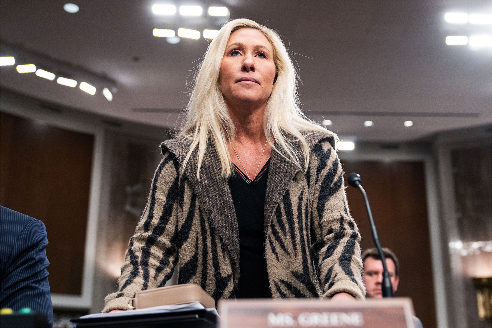 Rep. Marjorie Taylor Greene, R-Ga., attends the House and Senate committee markup of the National Defense Authorization Act for Fiscal Year 2024 in Dirksen Building on Wednesday, November 29, 2023. (Tom Williams/CQ-Roll Call, Inc via Getty Images)