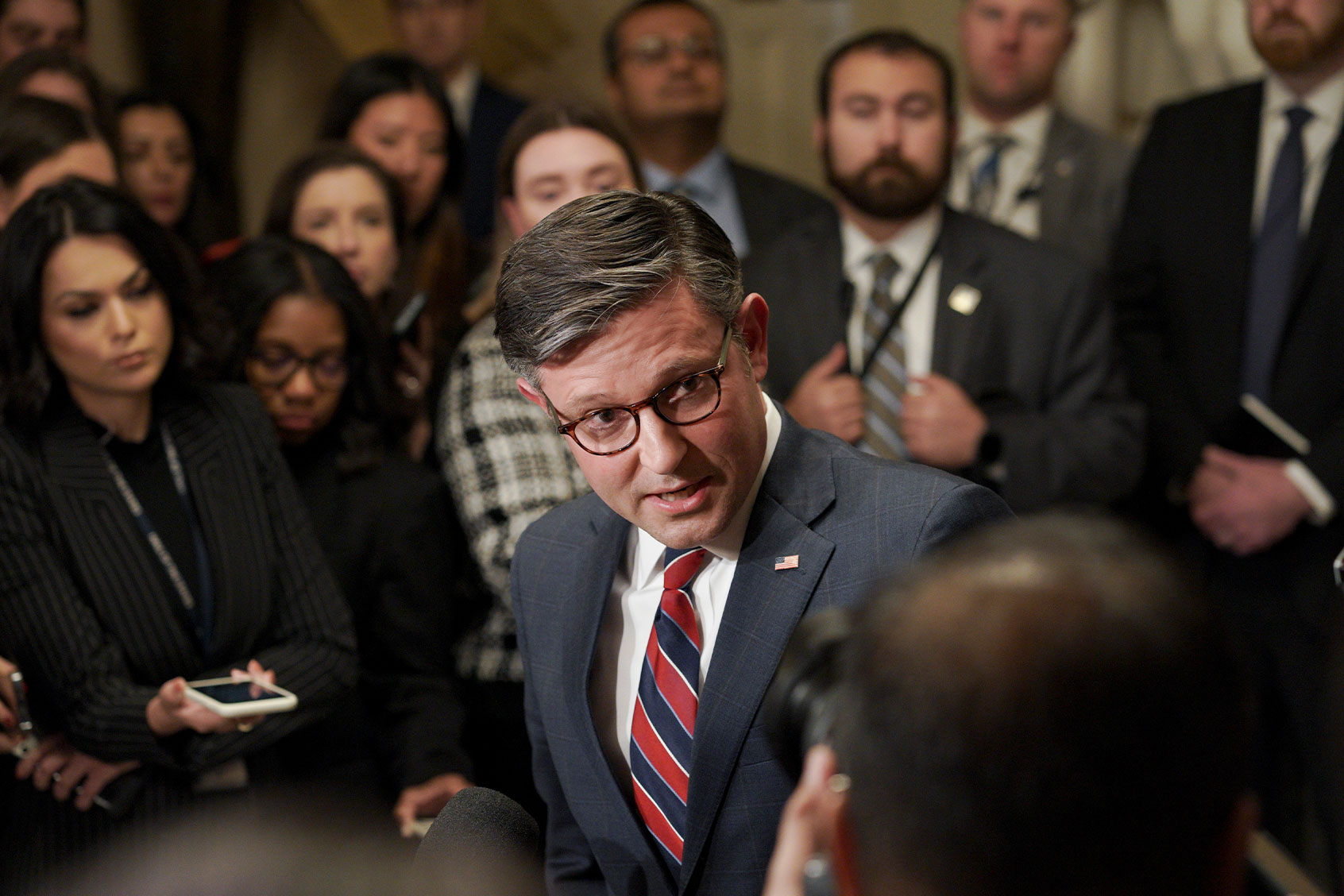 Speaker of the House Mike Johnson addresses the media after meeting with Ukrainian President Volodymyr Zelensky on December 12, 2023 in Washington, District of Columbia. (Bonnie Jo Mount/The Washington Post via Getty Images)