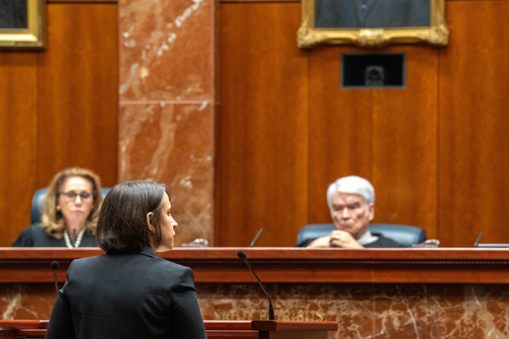 Center for Reproductive Rights attorney Molly Duane speaks in the court room at the Texas Supreme Court in Austin, Texas, on November 28, 2023. (SUZANNE CORDEIRO/AFP via Getty Images)