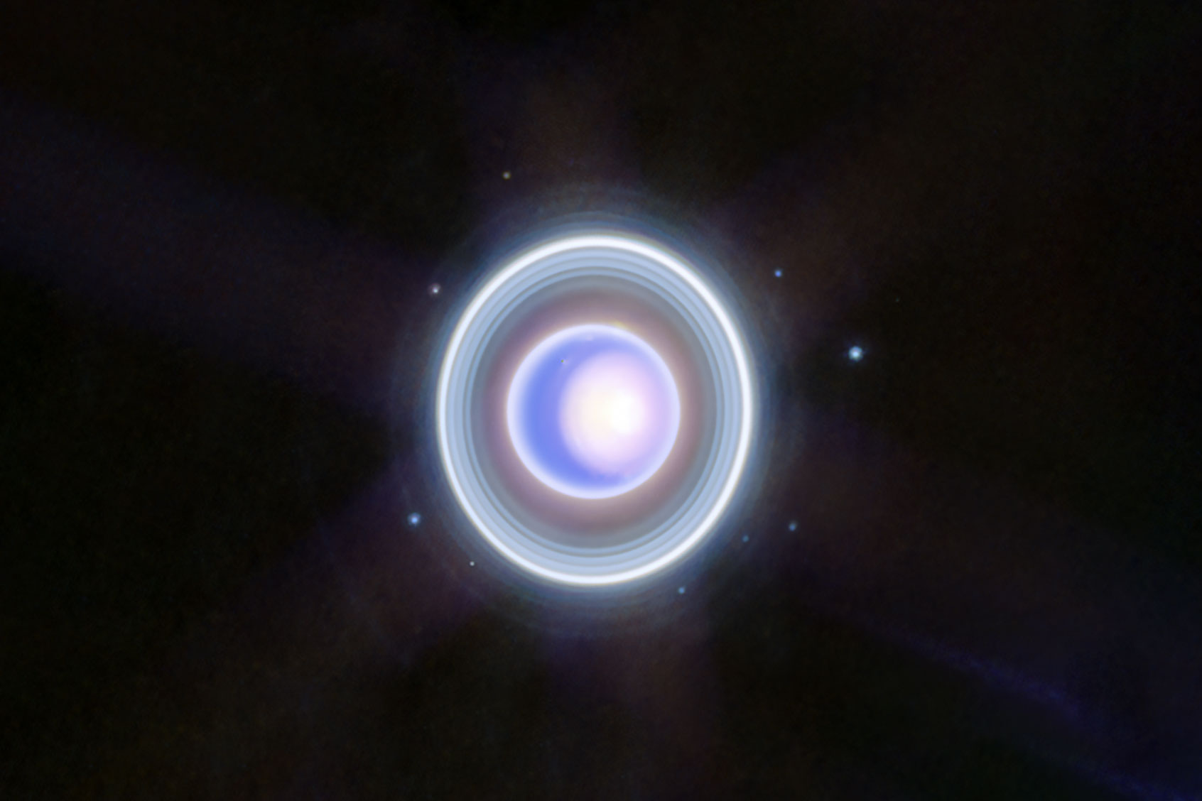 This image of Uranus from NIRCam (Near-Infrared Camera) on NASA’s James Webb Space Telescope exquisitely captures Uranus’s seasonal north polar cap and dim inner and outer rings. (NASA, ESA, CSA, STScI)