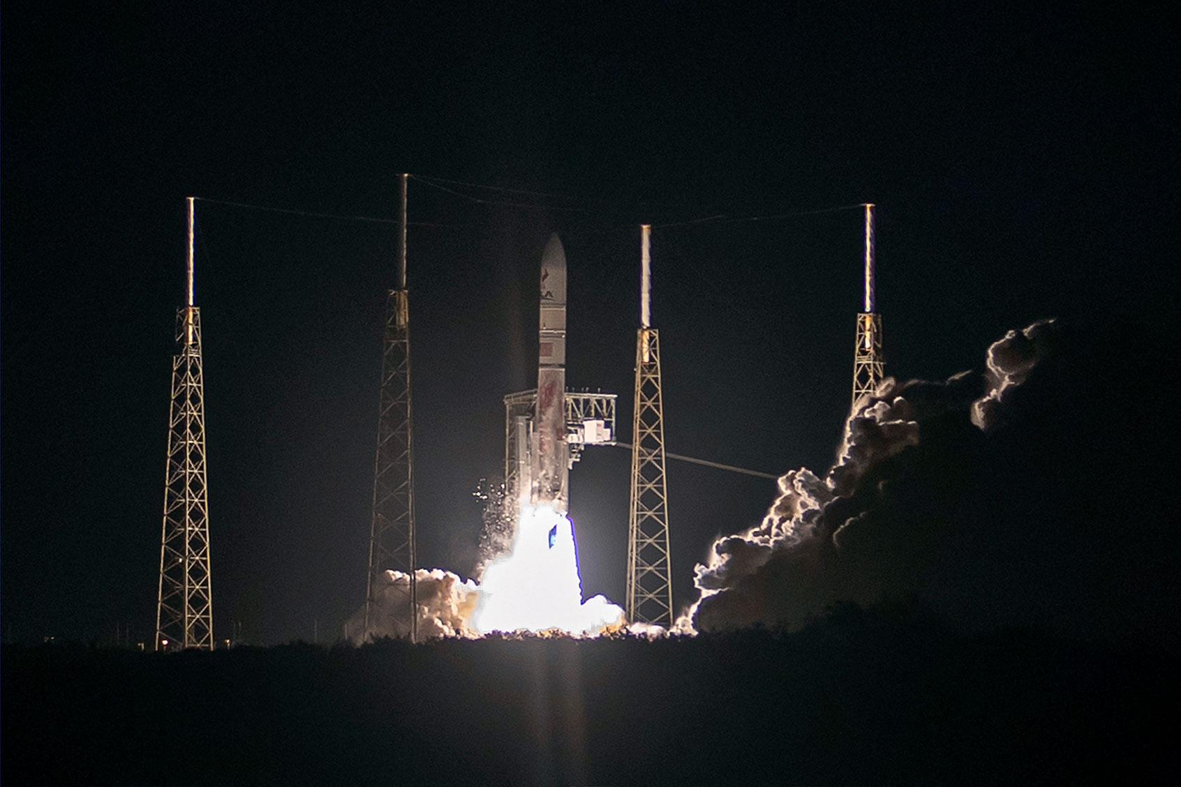 The brand new rocket, United Launch Alliance's (ULA) Vulcan Centaur, lifts off from Space Launch Complex 41d at Cape Canaveral Space Force Station in Cape Canaveral, Florida, on January 8, 2024, for its maiden voyage, carrying Astrobotic's Peregrine Lunar Lander. (CHANDAN KHANNA/AFP via Getty Images)