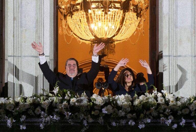 Bernardo Arévalo (l), Guatemala's new president, and Karin Herrera, Guatemala's new vice president, wave to their supporters from the balcony of the National Palace after their inauguration. Despite massive resistance from influential circles and last-minute delays, social democrat Bernardo Arévalo took office as the new president of Guatemala amid tensions. (Sandra Sebastian/picture alliance via Getty Images)
